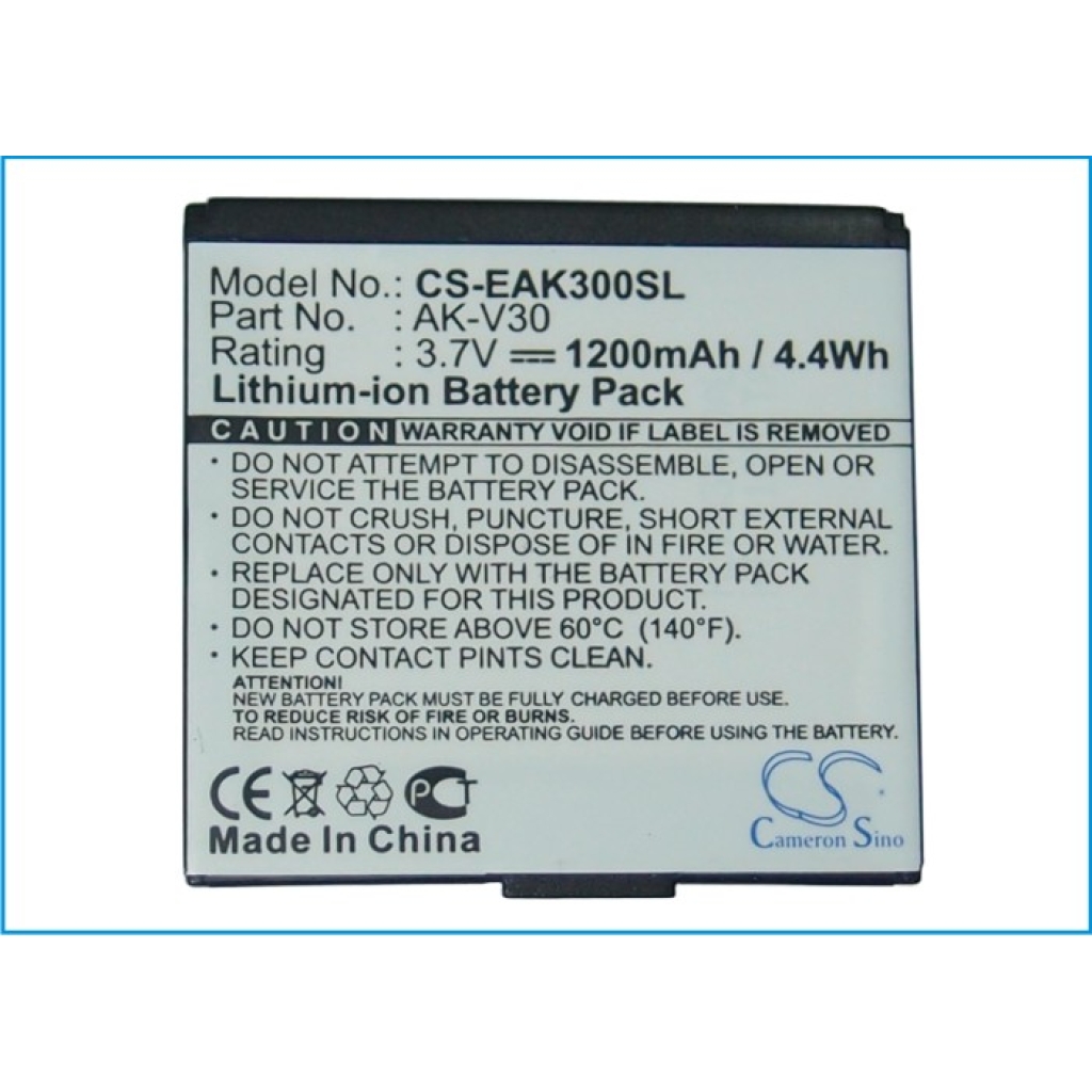 Cameron Sino CS-EAK300SL etikettvy: AK-V30, 3,7V 1200mAh 4,4Wh Cameron Sino, Made in China