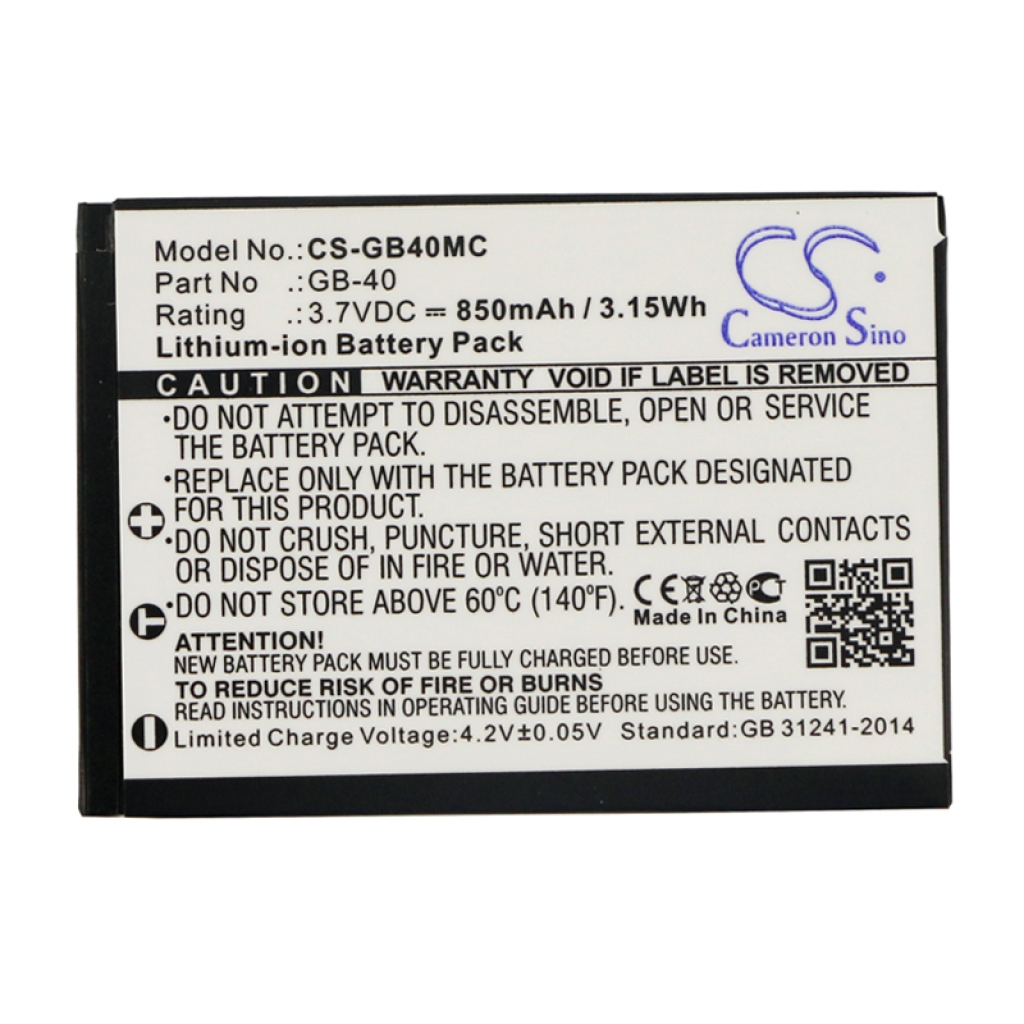 CS-GB40MC battery flat front label view with full specifications