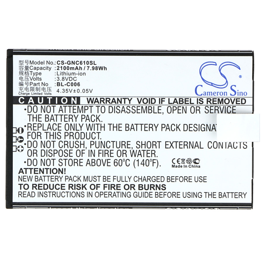 Cameron Sino CS-GNC610SL platt frontetikettvy: 2100mAh 3,8V 7,98Wh Li-ion BL-C006