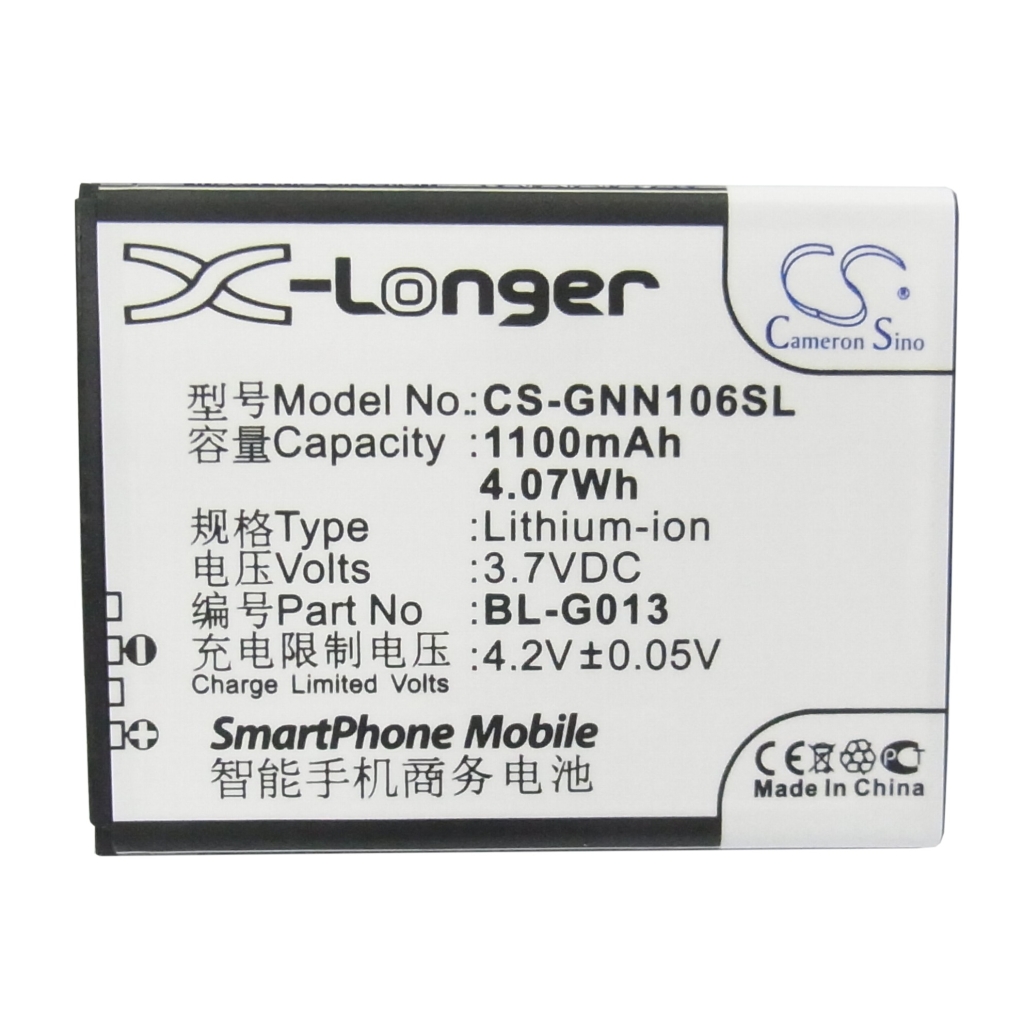 Cameron Sino X-Longer CS-GNN106SL platt frontetikettvy: 1100mAh 3,7V 4,07Wh Li-ion BL-G013, X-Longer-etikett