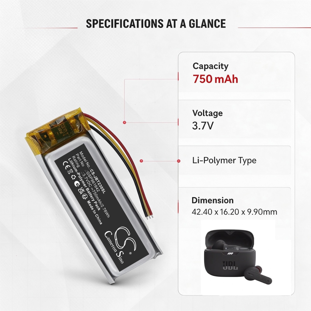 Batterier kompatibel med JBL Tune 230NC Charging Case Beam 230NC Charging Case Beam Earbuds charging Case CS-JBT230SL