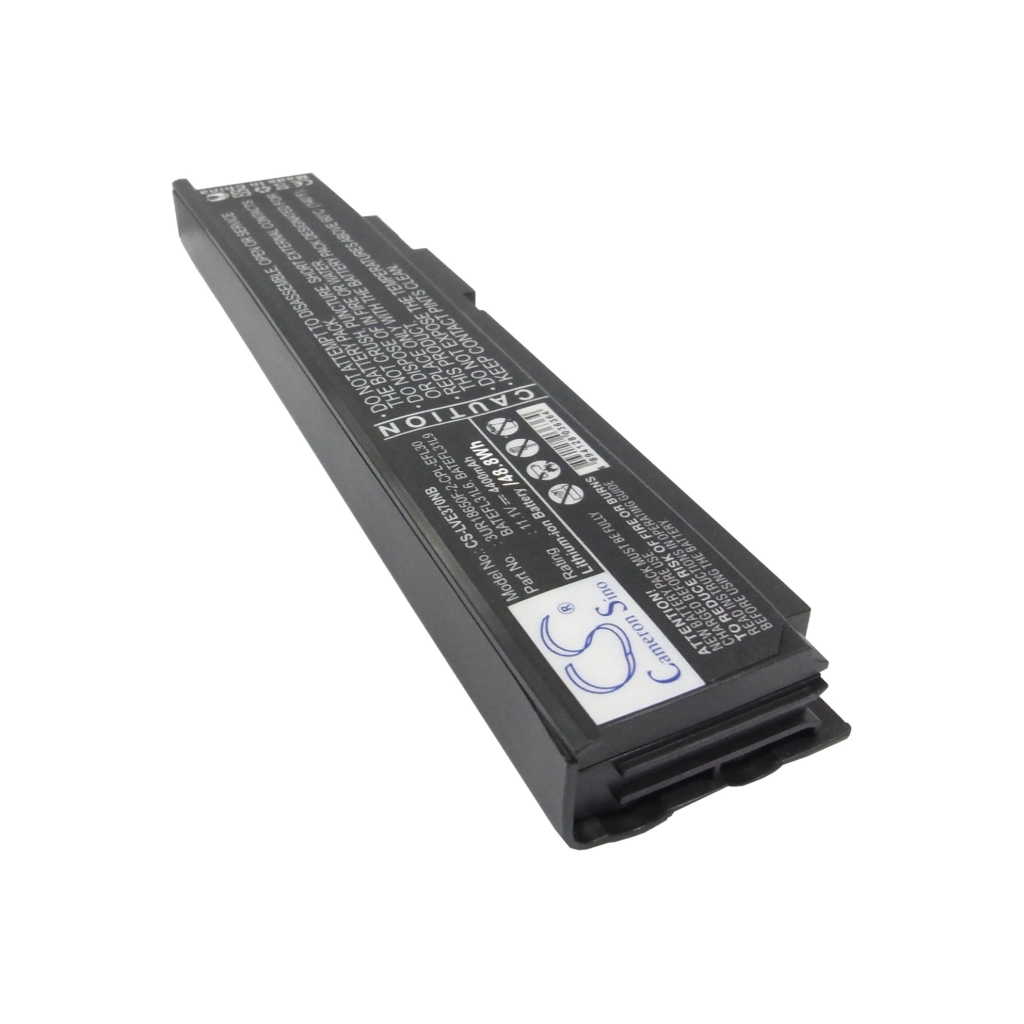 Svart CS-LVE370NB laptopbatteri, vinklad vy av varningssidan