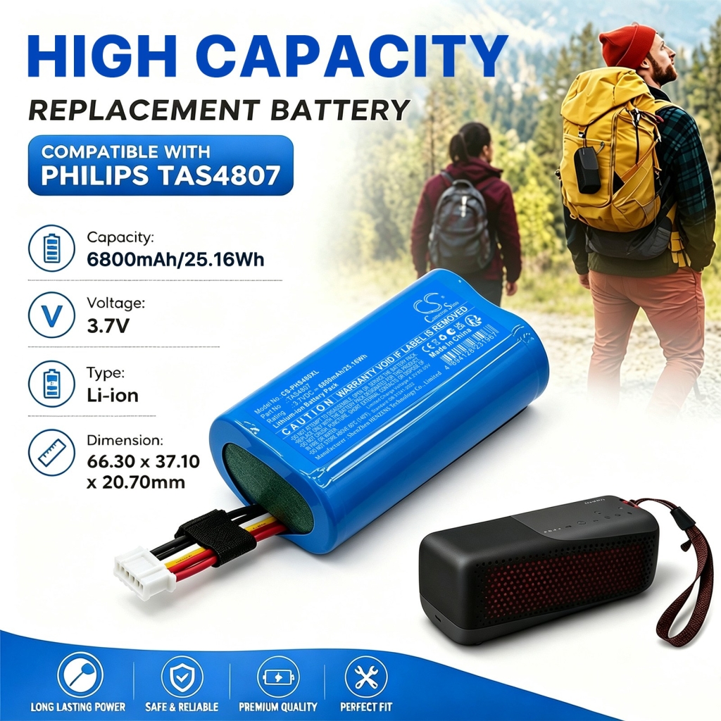 Batterier kompatibel med Philips S4807 Waterproof Wireless Bluetooth Speaker CS-PHS480XL