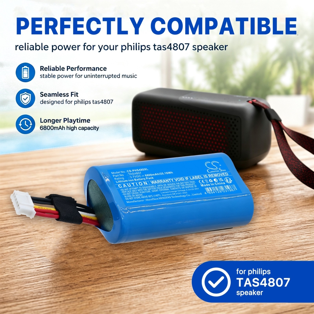 Batterier kompatibel med Philips S4807 Waterproof Wireless Bluetooth Speaker CS-PHS480XL